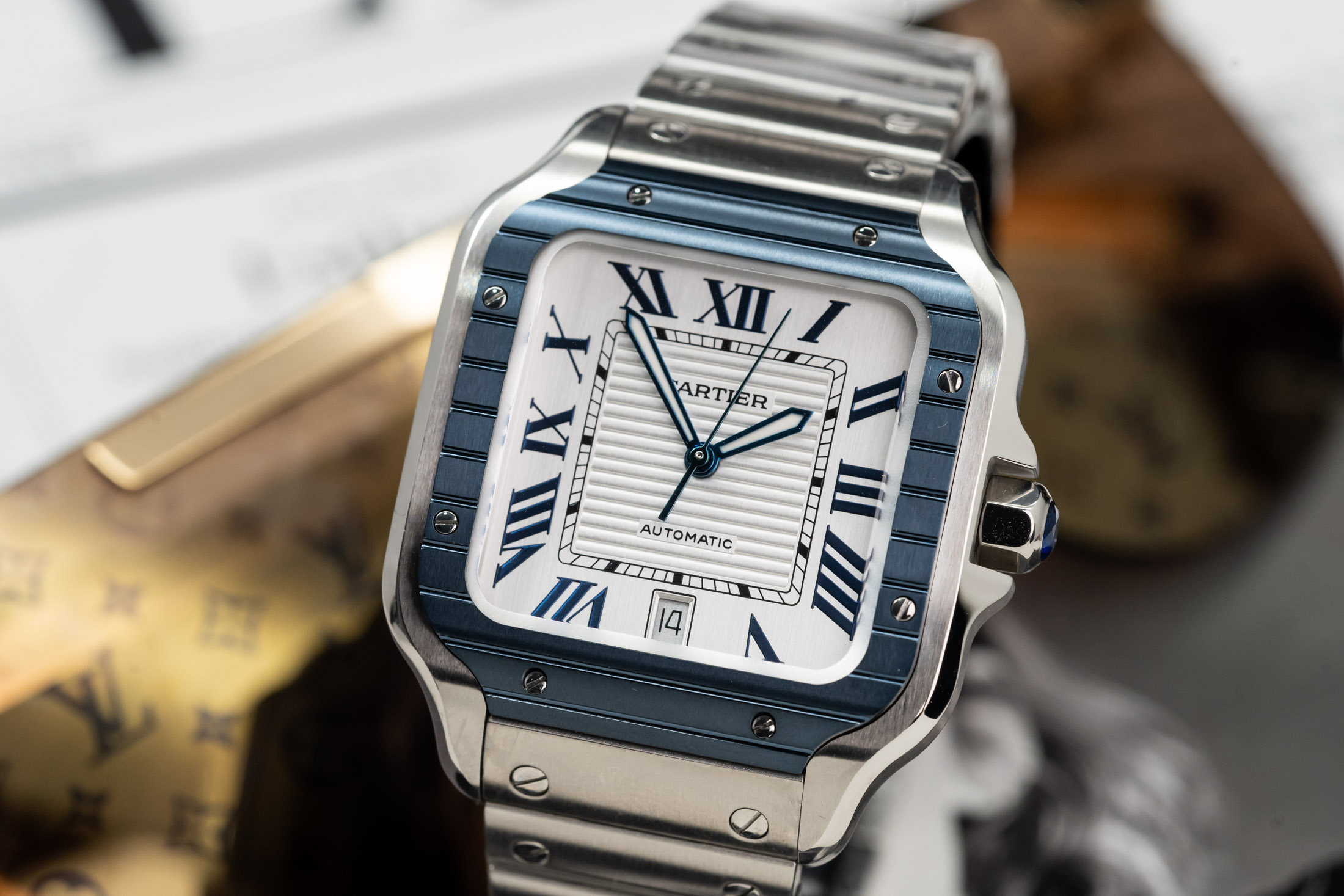 Cartier Santos de Cartier WSSA0047 39.8MM Mặt Trắng Niềng Xanh Rep 1:1