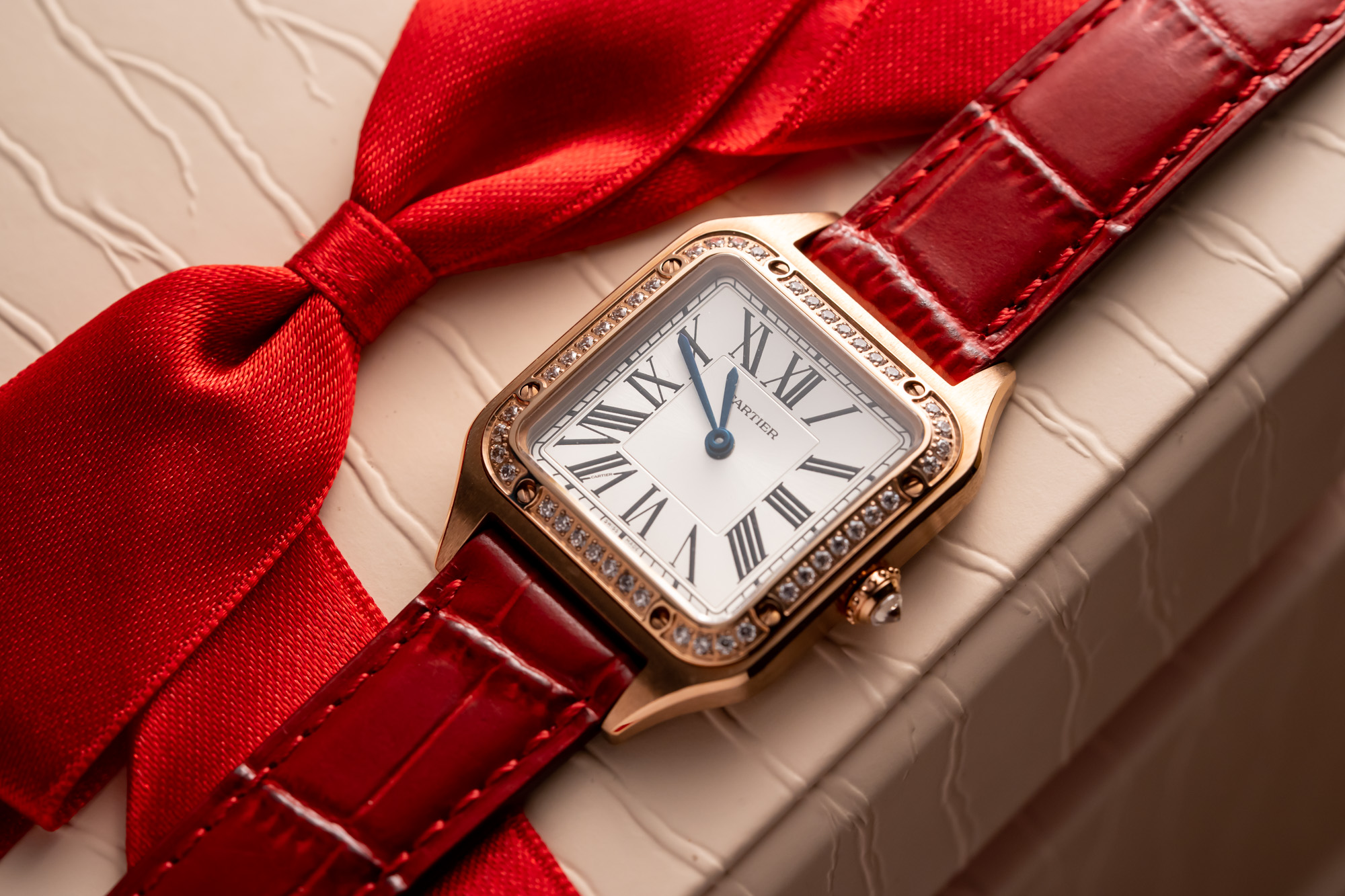 Cartier Santos Dumont WJSA0017 Ladies Vỏ Vàng Hồng Dây Da Rep 1:1